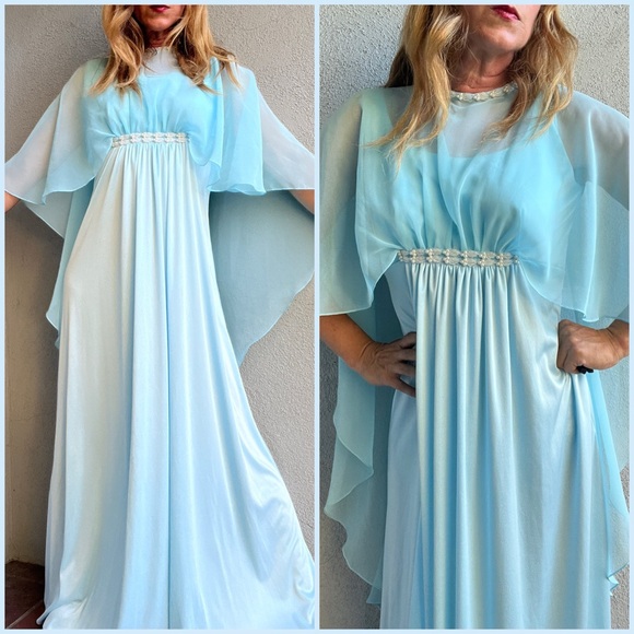 Vintage 60s Emma Domb Blue Maxi Caped Fairy Core Formal Maxi Dress Sz 10 - Picture 1 of 11